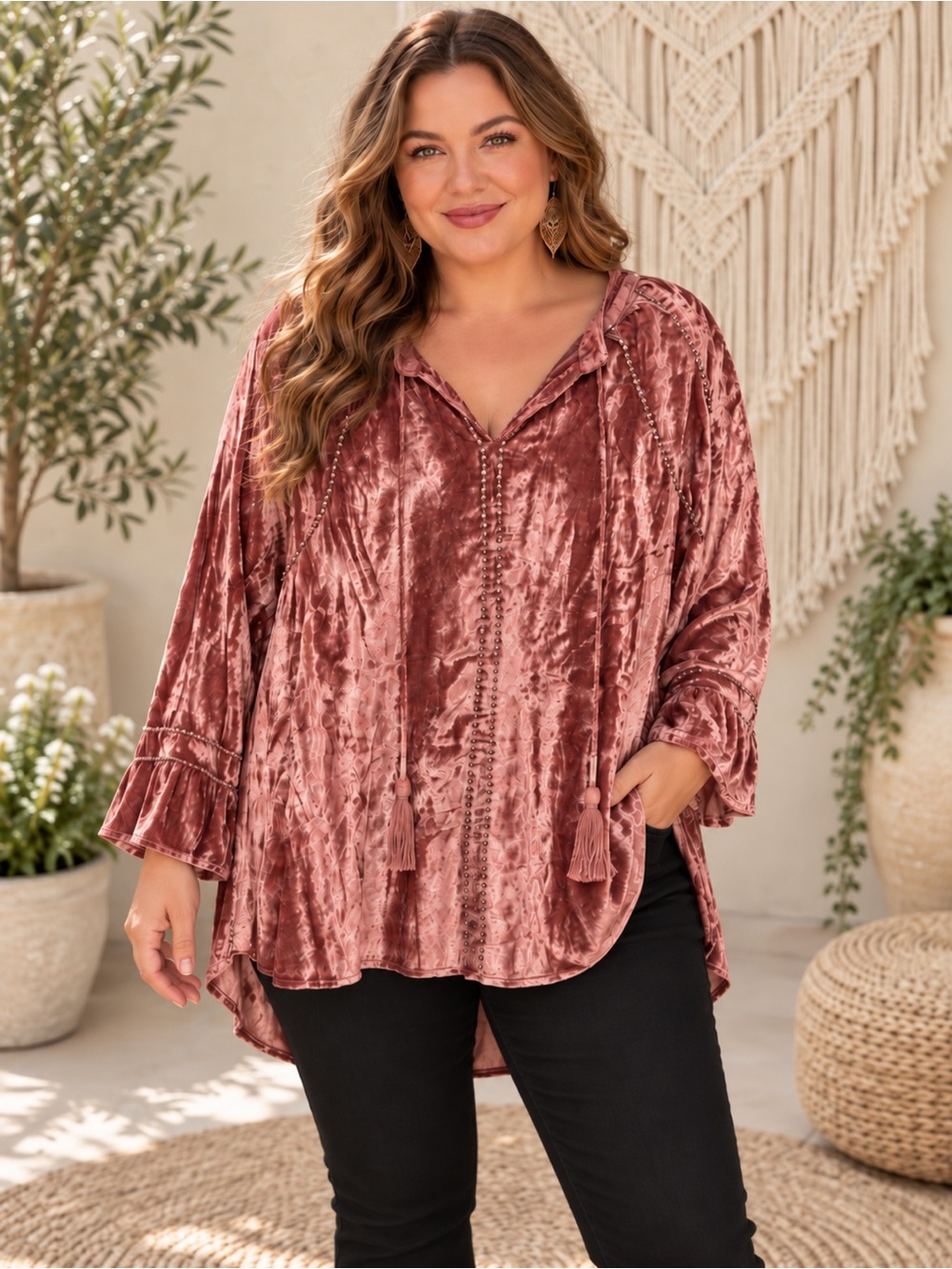 NWT Soft Surroundings Dusty Rose Velvet Tassel V-Neck Tunic Size XL